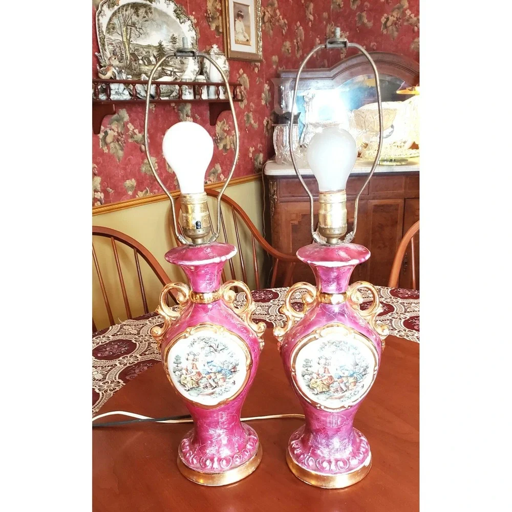 Pair of Vintage Pink Porcelain Victorian Courtship Scene Table Lamps - Gold trim